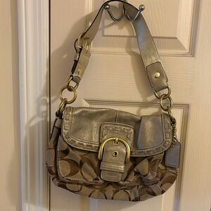 Coach Metallic Taupe Signature Shoulder Bag with Buckle